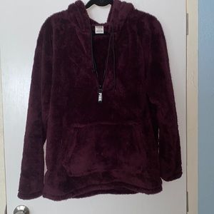 Pink Victoria’s Secret Sherpa Hooded Pull-Over Half Zip Burgundy SZ M RARE